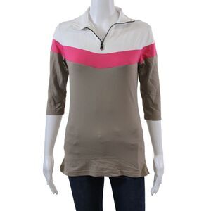 MDC Womens 1/2 Zipper Long Sleeves Stretch Blouse Beige White Size EUR 36